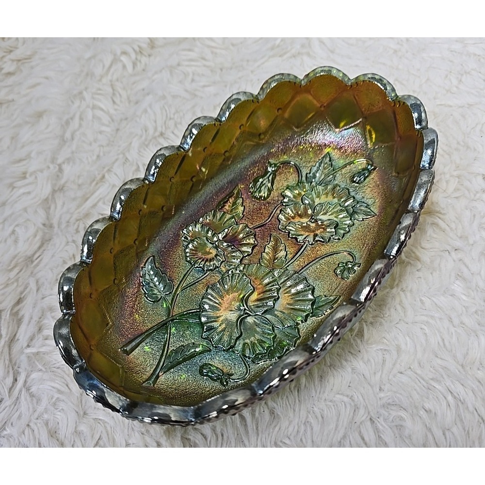 Vintage Imperial Carnival Glass Dish Ruffled Scalloped Dark Amber Pansy Pickle